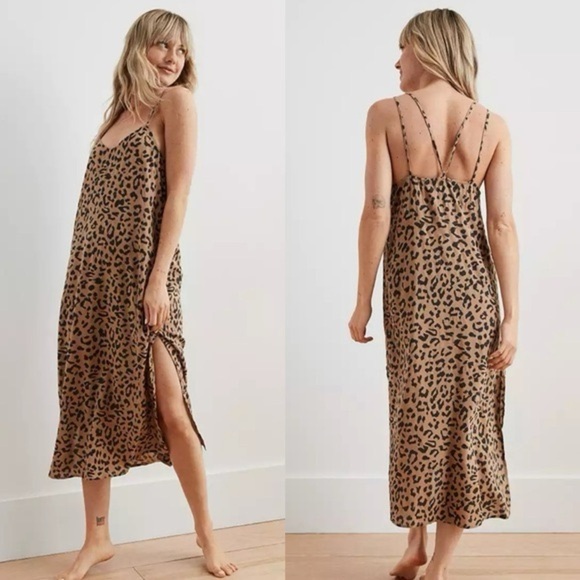 Aerie Modal Leopard Print V-Neck Strappy Casual Beachy Midi Slip Dress Women’s M - Picture 1 of 9